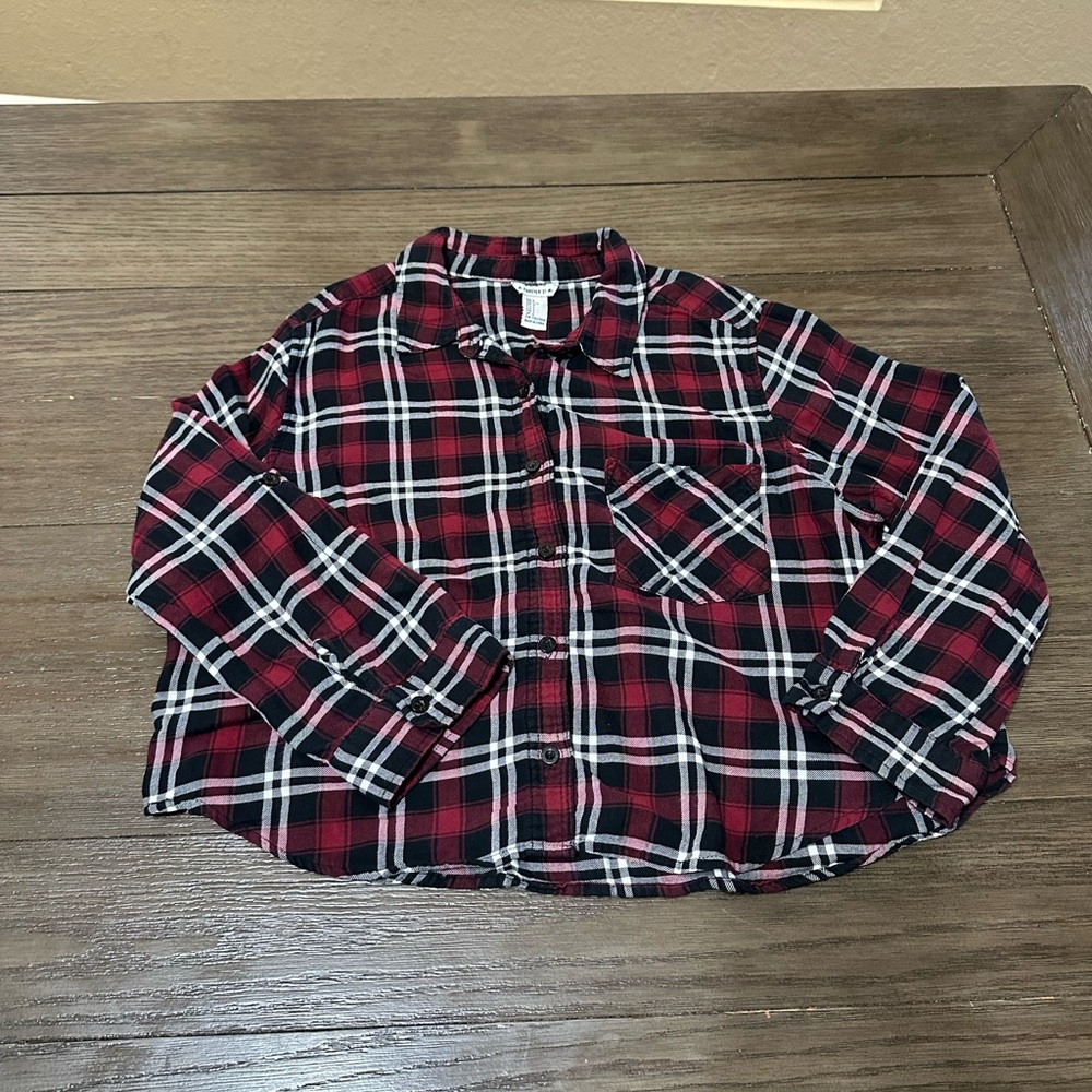 Girls Lg Forever 21 Red and Black Plaid Flannel Shirt